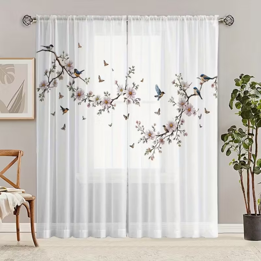 2PCS Digital Print Sheer Curta - Flower Wall Panel 评论和价格